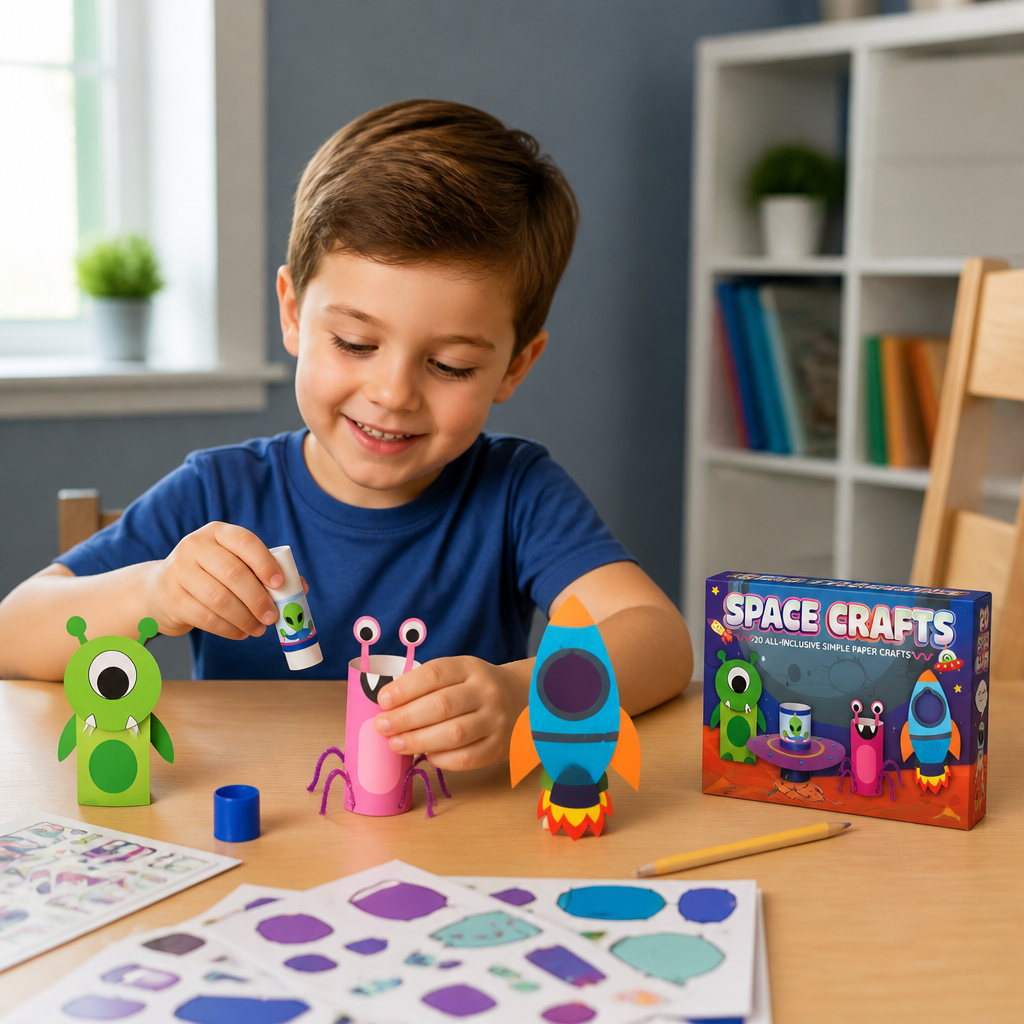 Kids Paper Crafts Box – 20 Easy DIY Arts & Crafts Projects for Ages 3–10 with Glue Stick, Tape & Envelopes