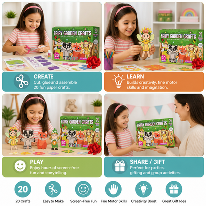 Kids Paper Crafts Box – 20 Easy DIY Arts & Crafts Projects for Ages 3–10 with Glue Stick, Tape & Envelopes