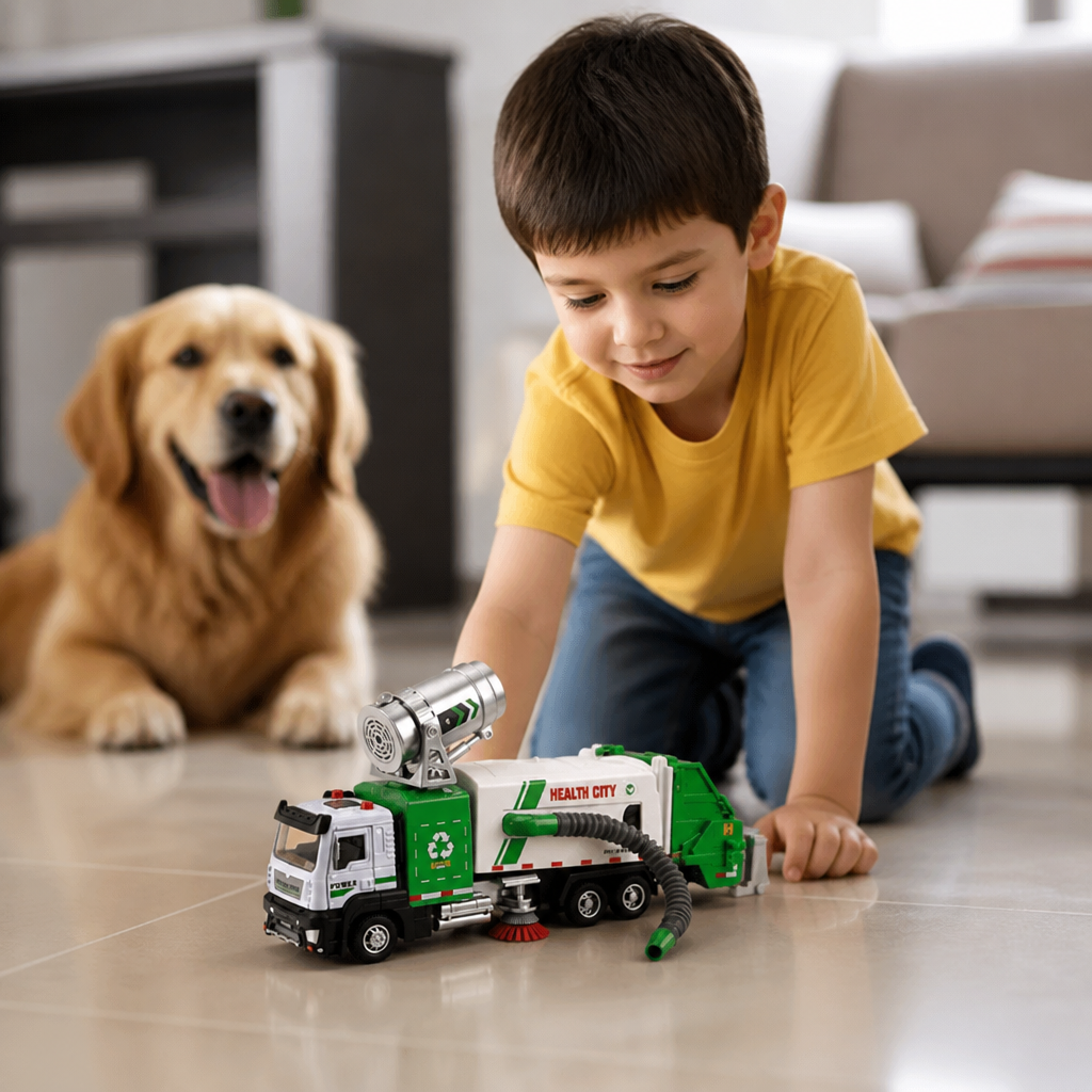 Die-Cast Street Sweeper Toy Truck with Vacuum Hose & Mist Spray
