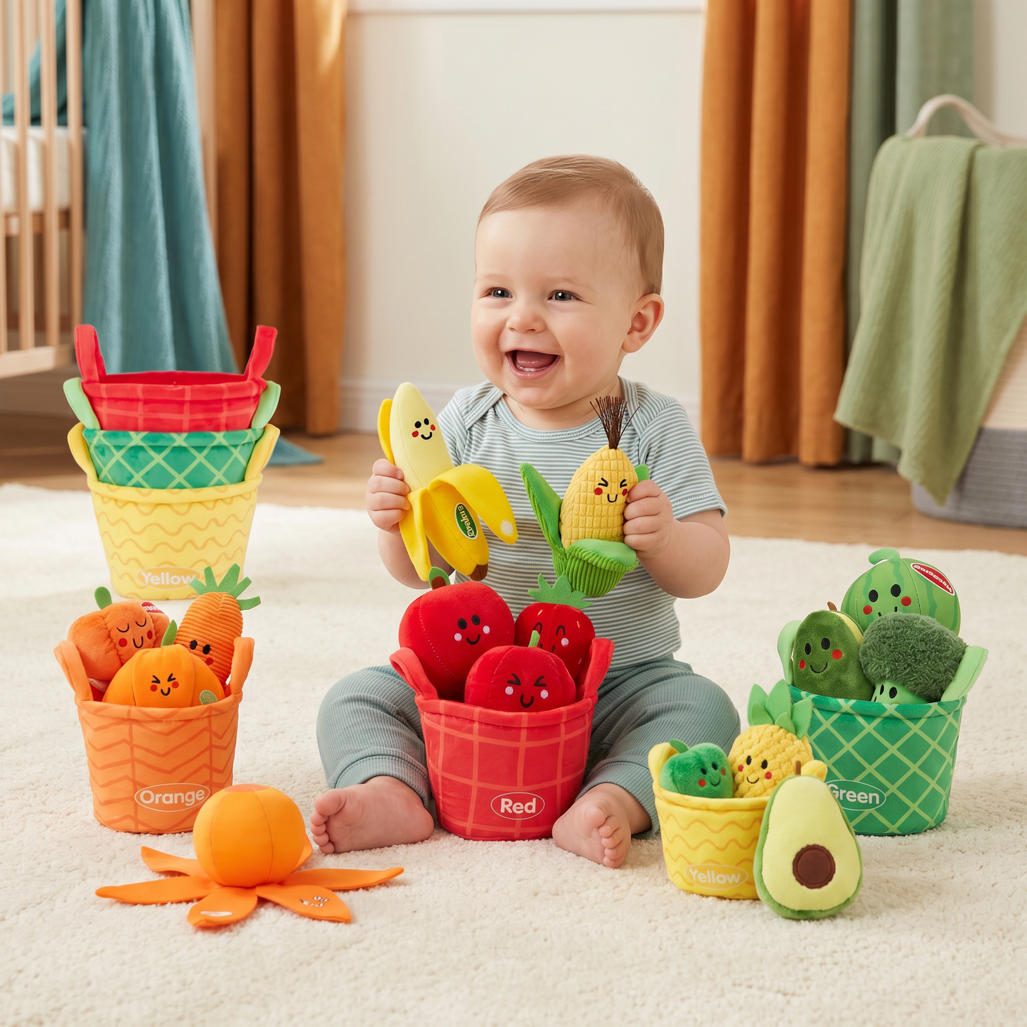 Soft Fruit & Vegetable Learning Toy for Babies – 4-Pack Color Sorting Set with Rattle and Crinkle Effect