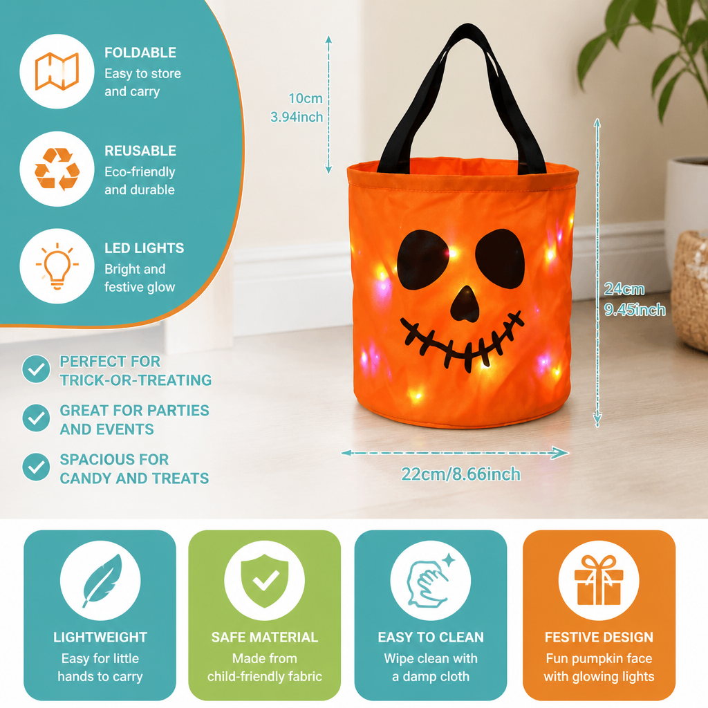 LED Halloween Trick-or-Treat Candy Bucket – Reusable Light-Up Tote Bag