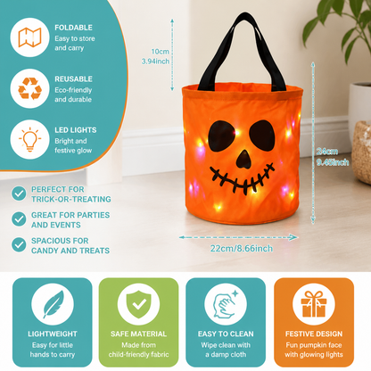 LED Halloween Trick-or-Treat Candy Bucket – Reusable Light-Up Tote Bag