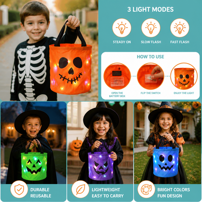 LED Halloween Trick-or-Treat Candy Bucket – Reusable Light-Up Tote Bag