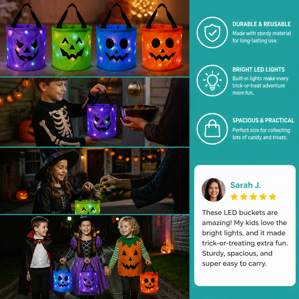 LED Halloween Trick-or-Treat Candy Bucket – Reusable Light-Up Tote Bag