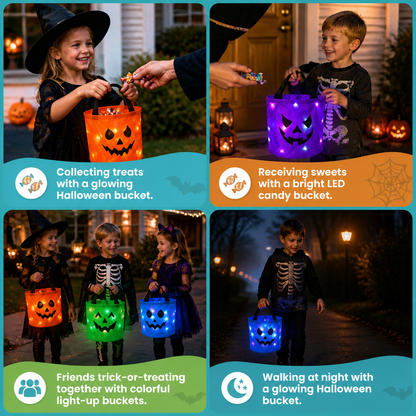 LED Halloween Trick-or-Treat Candy Bucket – Reusable Light-Up Tote Bag