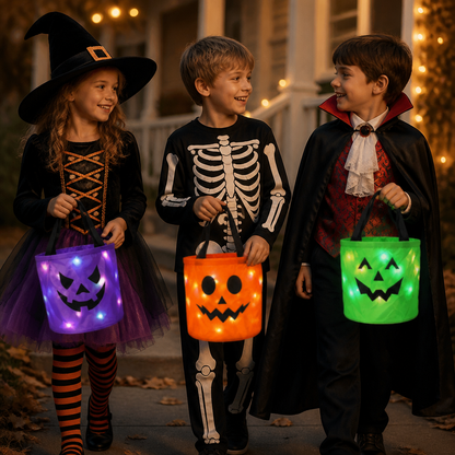 LED Halloween Trick-or-Treat Candy Bucket – Reusable Light-Up Tote Bag