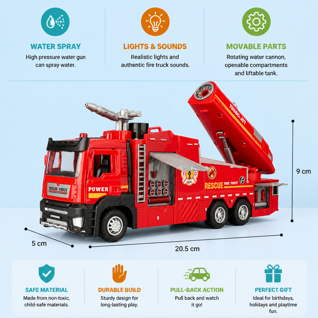 Pull-Back Fire Truck Toy with Water Spray, Lights & Sounds