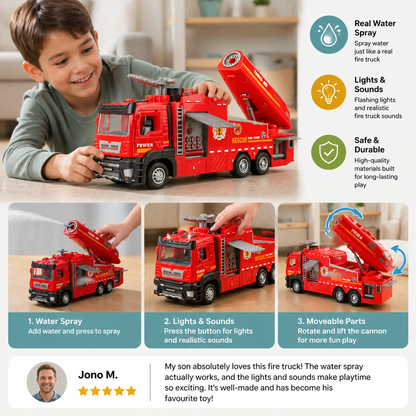 Pull-Back Fire Truck Toy with Water Spray, Lights & Sounds
