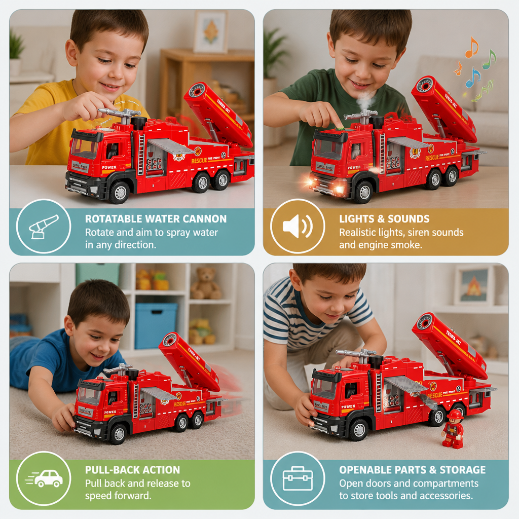 Pull-Back Fire Truck Toy with Water Spray, Lights & Sounds