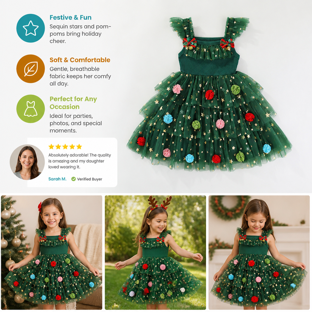 Girls’ Christmas Tutu Dress with Pom-Poms, Sequin Stars & Ruffled Sleeves