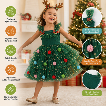 Girls’ Christmas Tutu Dress with Pom-Poms, Sequin Stars & Ruffled Sleeves