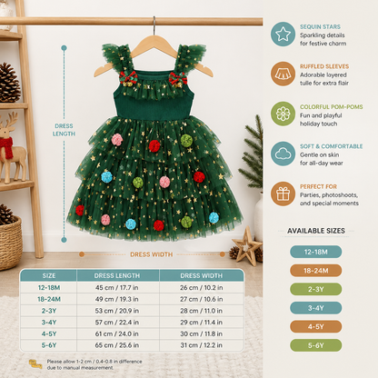 Girls’ Christmas Tutu Dress with Pom-Poms, Sequin Stars & Ruffled Sleeves