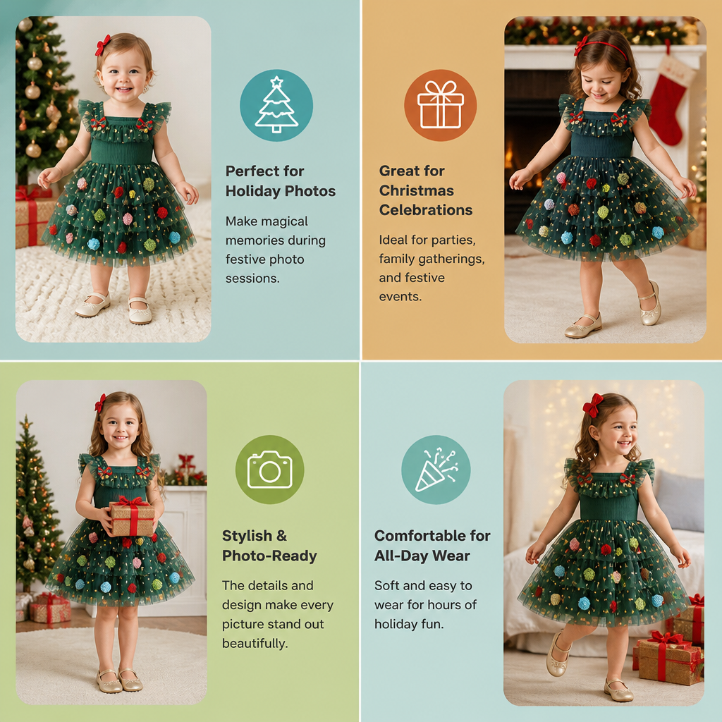 Girls’ Christmas Tutu Dress with Pom-Poms, Sequin Stars & Ruffled Sleeves
