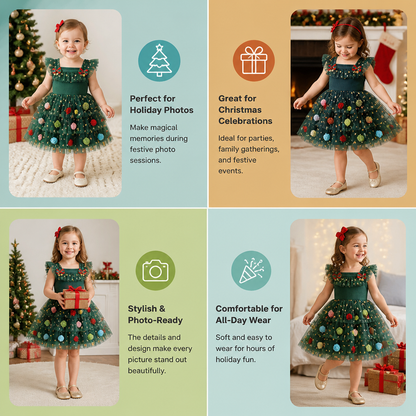Girls’ Christmas Tutu Dress with Pom-Poms, Sequin Stars & Ruffled Sleeves