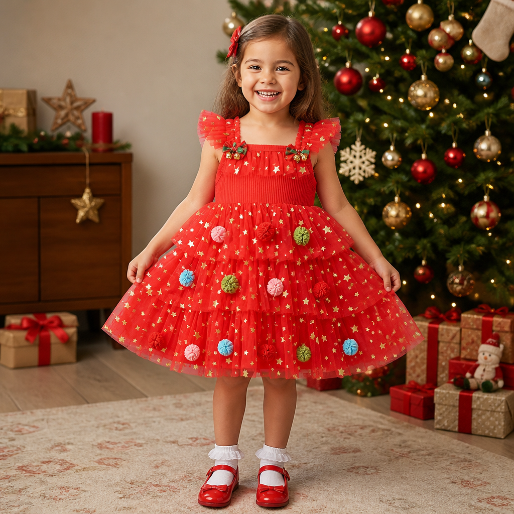 Girls’ Christmas Tutu Dress with Pom-Poms, Sequin Stars & Ruffled Sleeves
