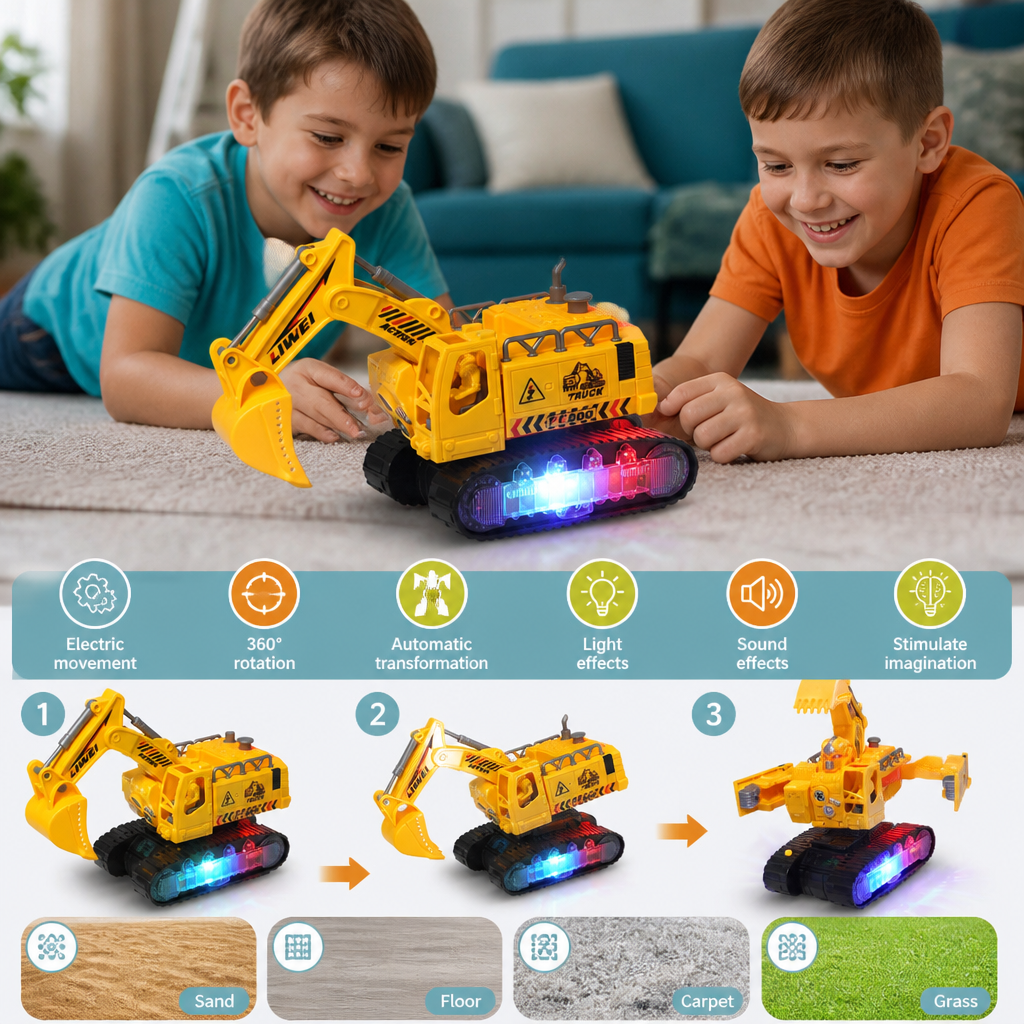 Electric Transforming Robot Excavator Toy with Lights & Sounds