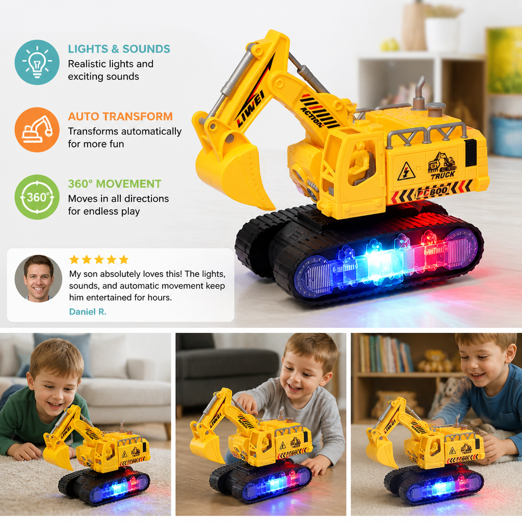 Electric Transforming Robot Excavator Toy with Lights & Sounds