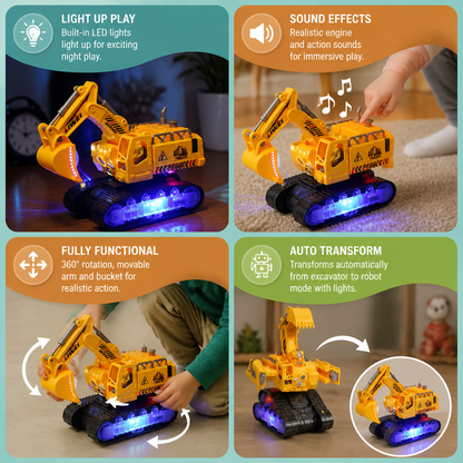 Electric Transforming Robot Excavator Toy with Lights & Sounds