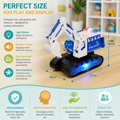 Transforming Police Robot Excavator Toy with Lights & Sounds