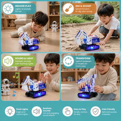 Transforming Police Robot Excavator Toy with Lights & Sounds