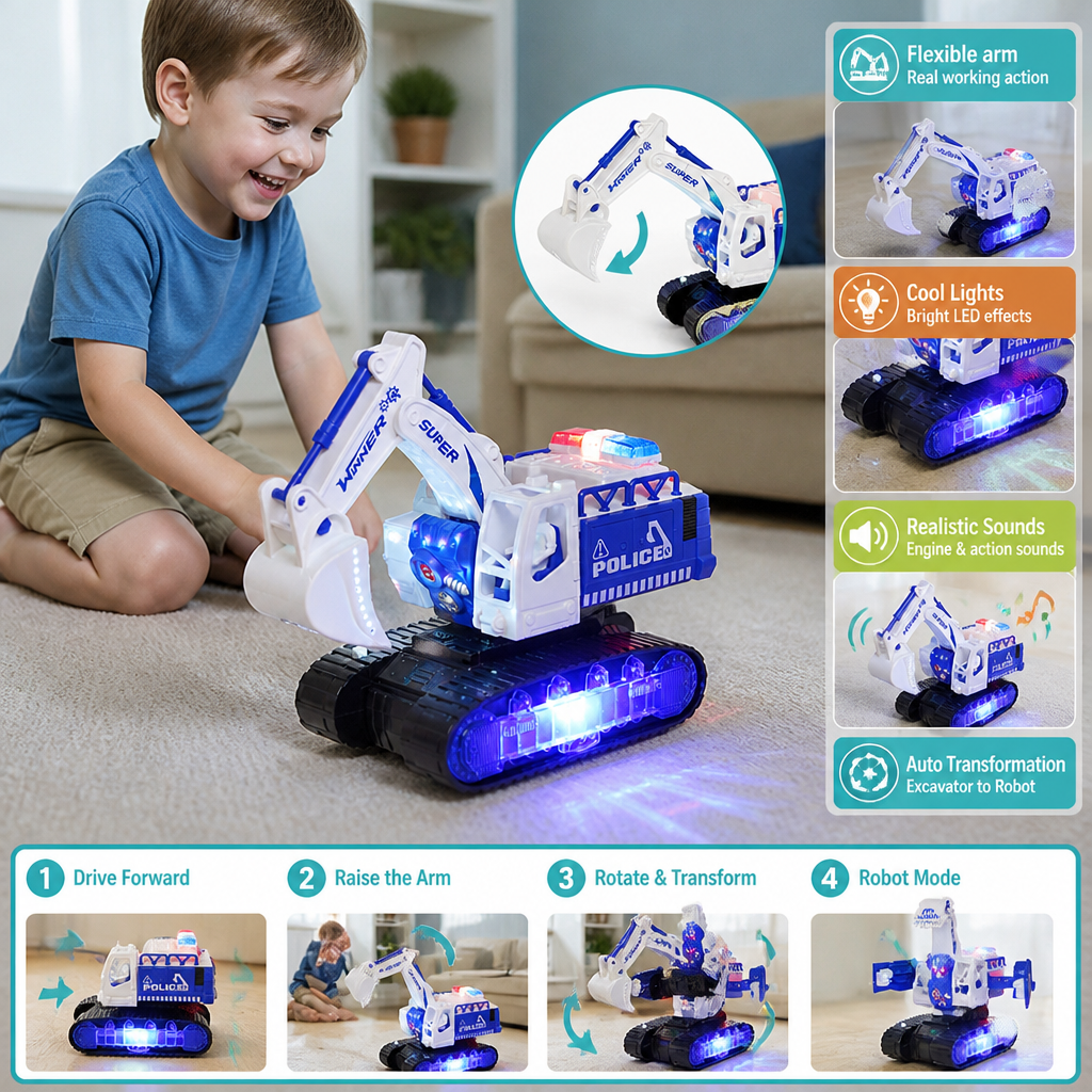 Transforming Police Robot Excavator Toy with Lights & Sounds