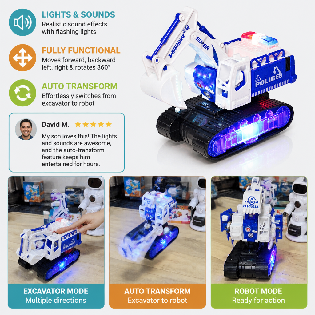 Transforming Police Robot Excavator Toy with Lights & Sounds