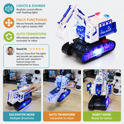 Transforming Police Robot Excavator Toy with Lights & Sounds