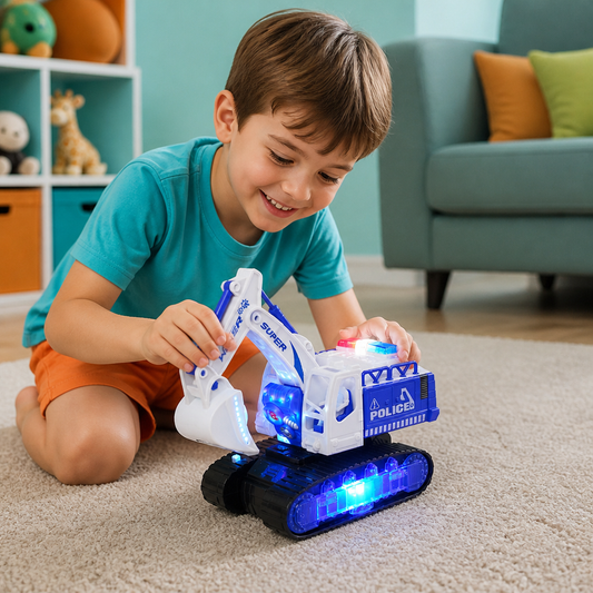 Transforming Police Robot Excavator Toy with Lights & Sounds