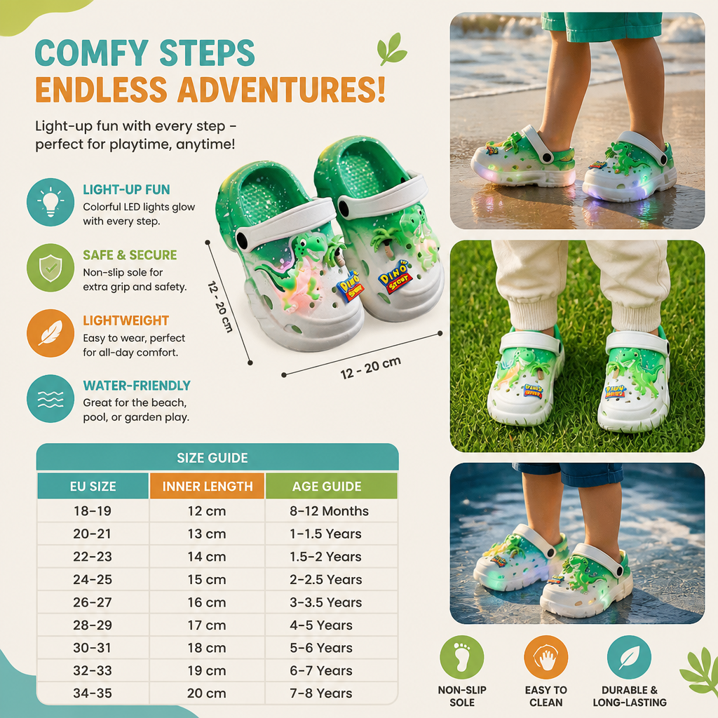 Kids’ LED Dinosaur Clogs – Light-Up Non-Slip Summer Garden & Beach Shoes