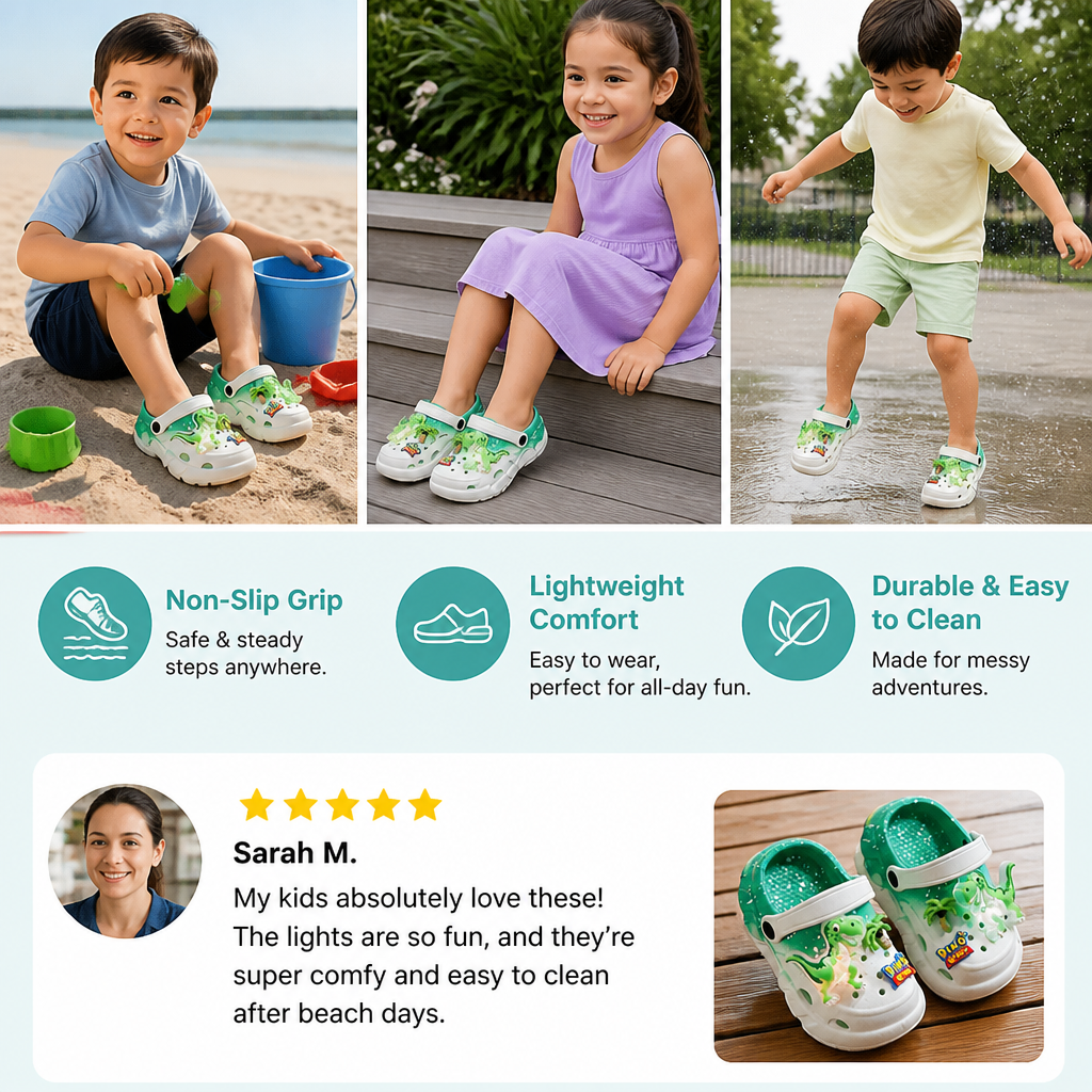 Kids’ LED Dinosaur Clogs – Light-Up Non-Slip Summer Garden & Beach Shoes