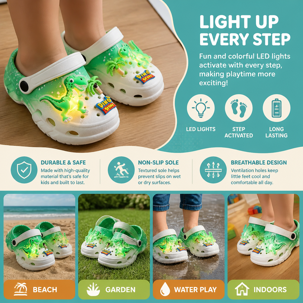 Kids’ LED Dinosaur Clogs – Light-Up Non-Slip Summer Garden & Beach Shoes