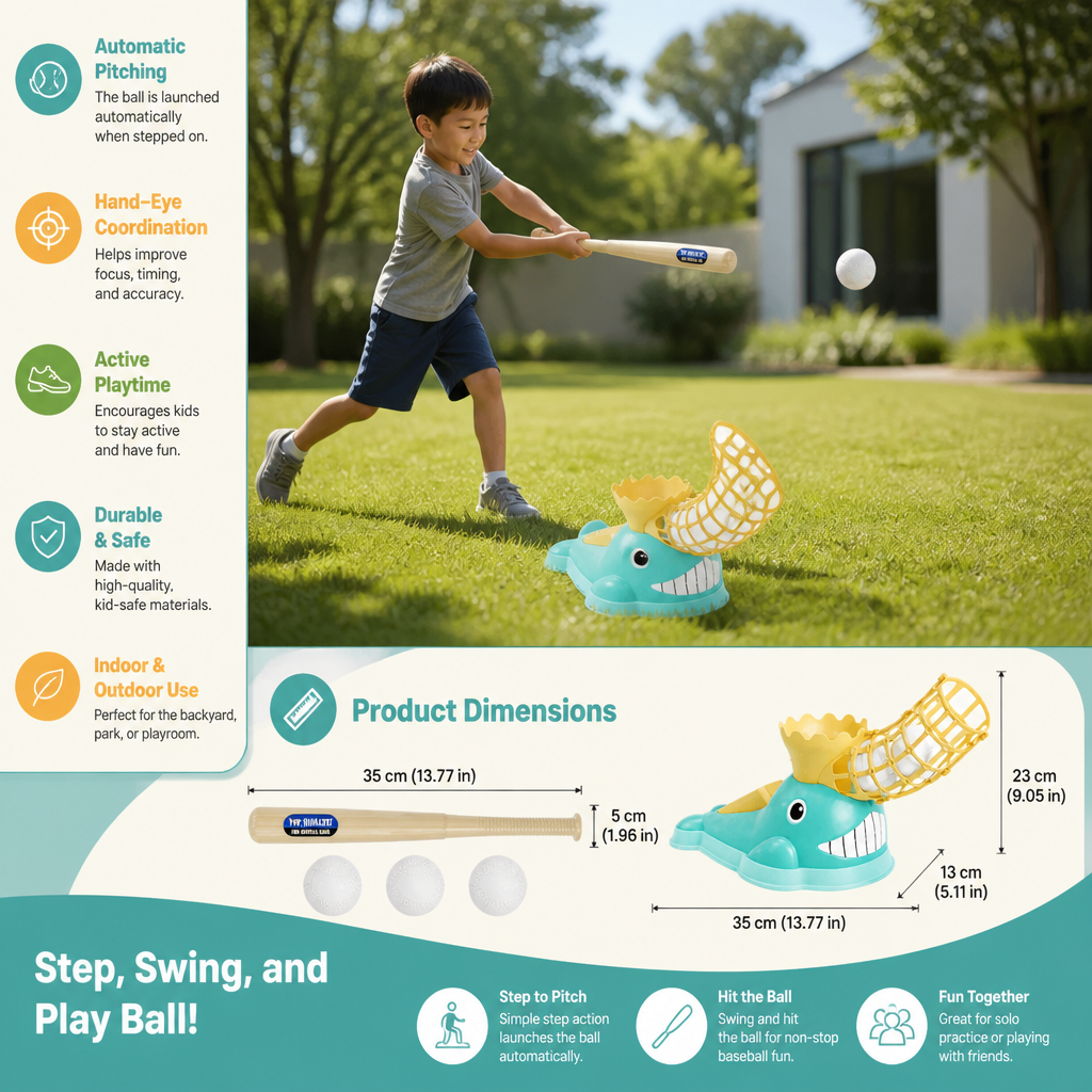 Step-On Baseball Pitching Machine with Bat & Balls for Kids
