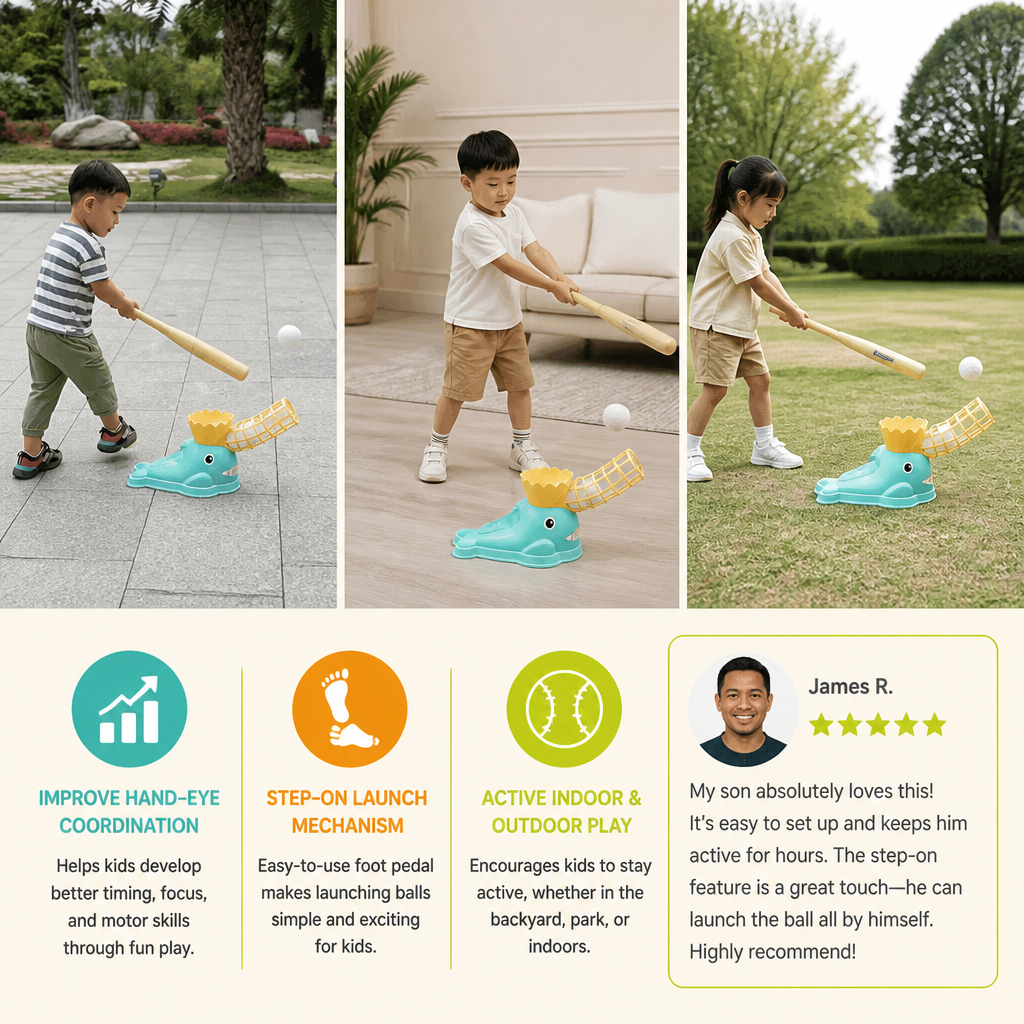 Step-On Baseball Pitching Machine with Bat & Balls for Kids