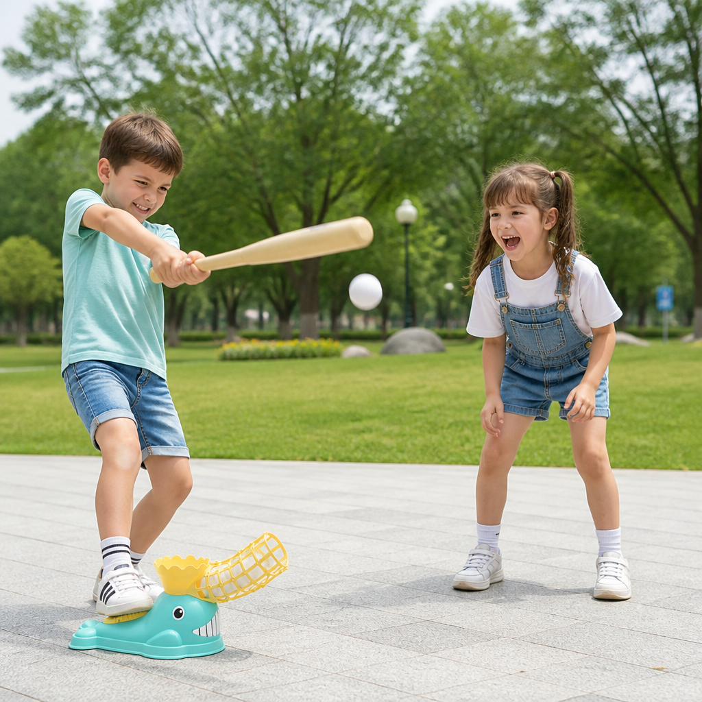 Step-On Baseball Pitching Machine with Bat & Balls for Kids