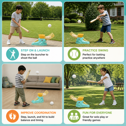 Step-On Baseball Pitching Machine with Bat & Balls for Kids
