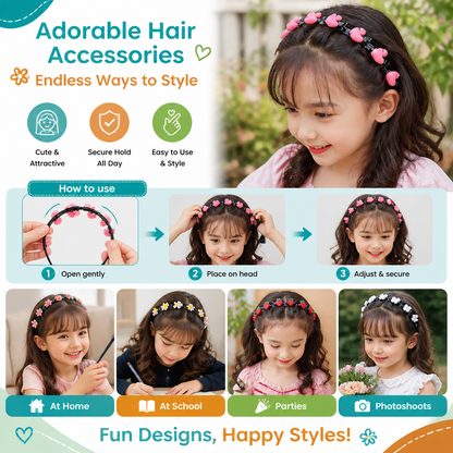 Cute Hair Clips & Bands for Girls with Flower, Strawberry & Rainbow Charms