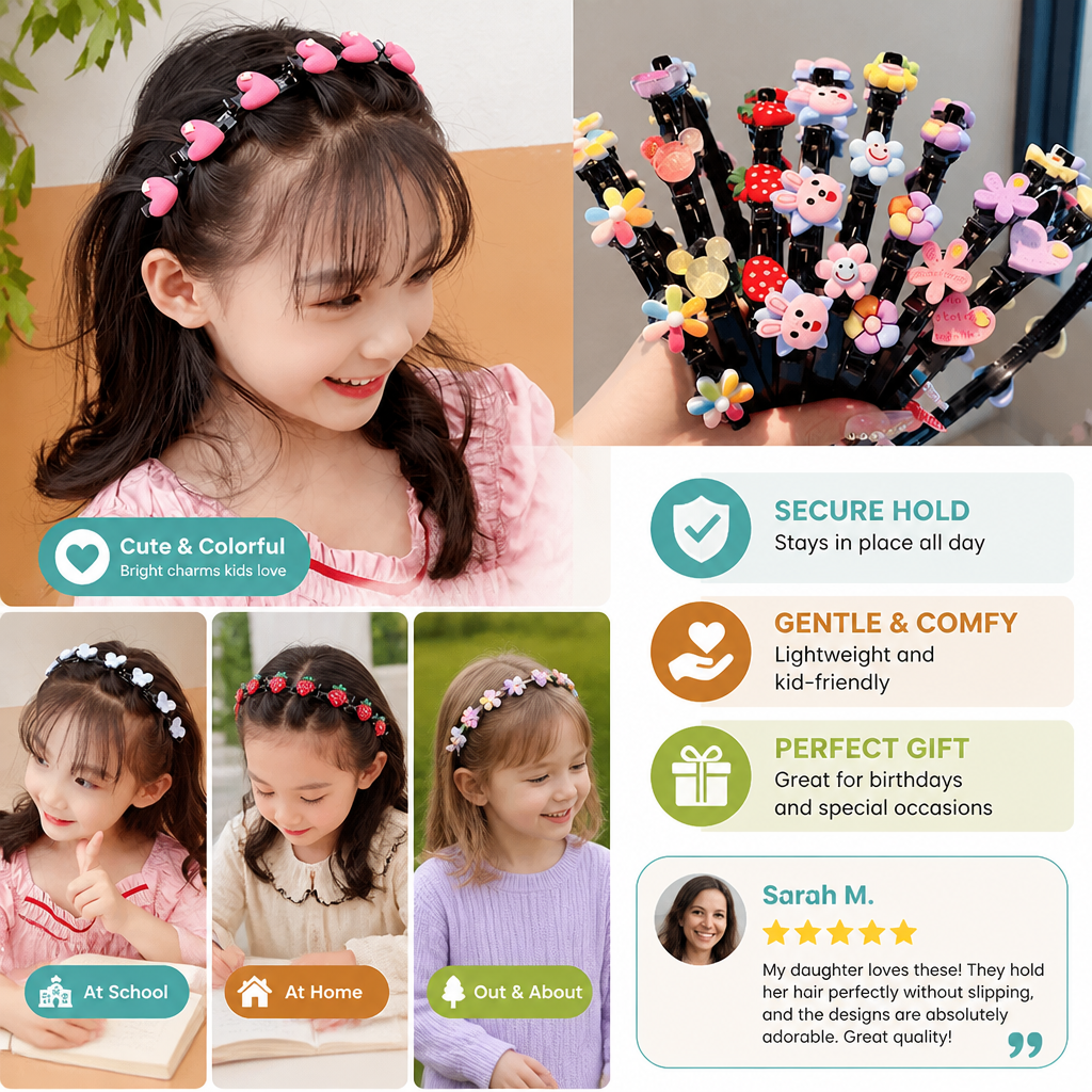 Cute Hair Clips & Bands for Girls with Flower, Strawberry & Rainbow Charms