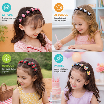 Cute Hair Clips & Bands for Girls with Flower, Strawberry & Rainbow Charms