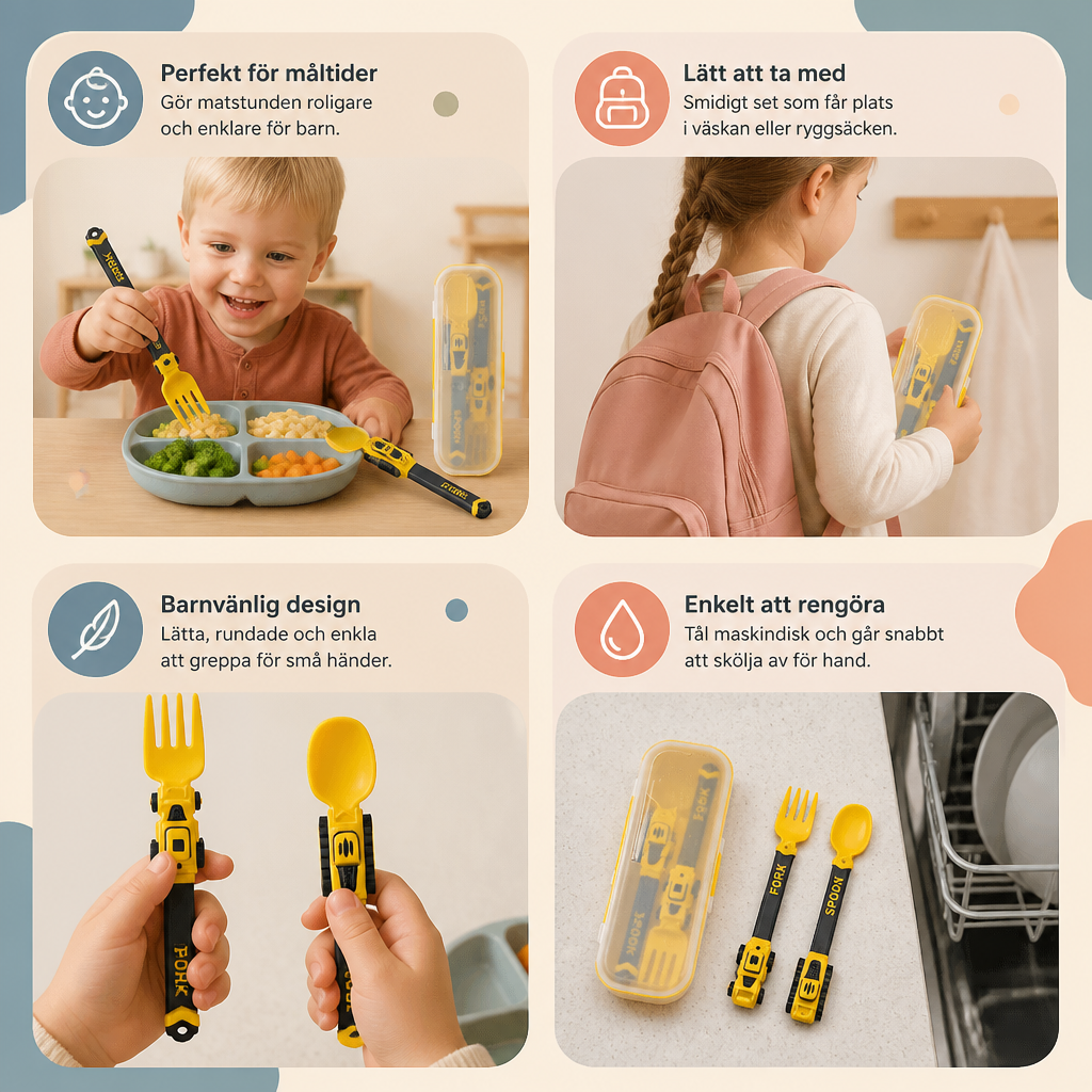 3-Piece Construction Vehicle Kids’ Utensil Set with Spoon, Fork & Travel Case
