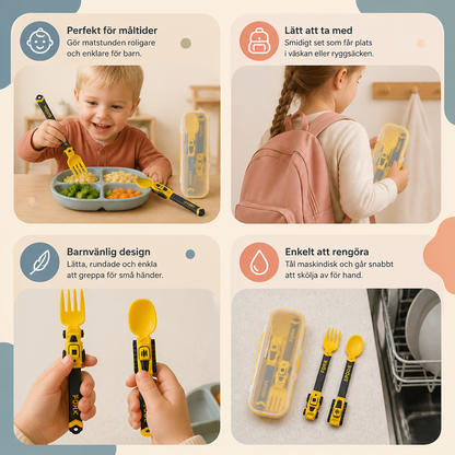 3-Piece Construction Vehicle Kids’ Utensil Set with Spoon, Fork & Travel Case