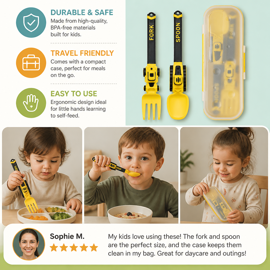 3-Piece Construction Vehicle Kids’ Utensil Set with Spoon, Fork & Travel Case