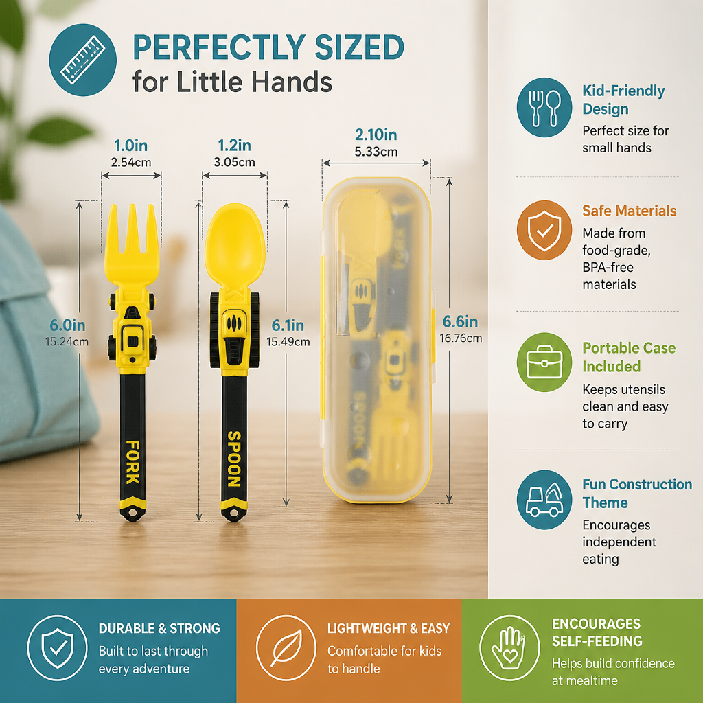 3-Piece Construction Vehicle Kids’ Utensil Set with Spoon, Fork & Travel Case