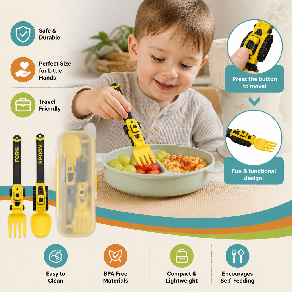 3-Piece Construction Vehicle Kids’ Utensil Set with Spoon, Fork & Travel Case