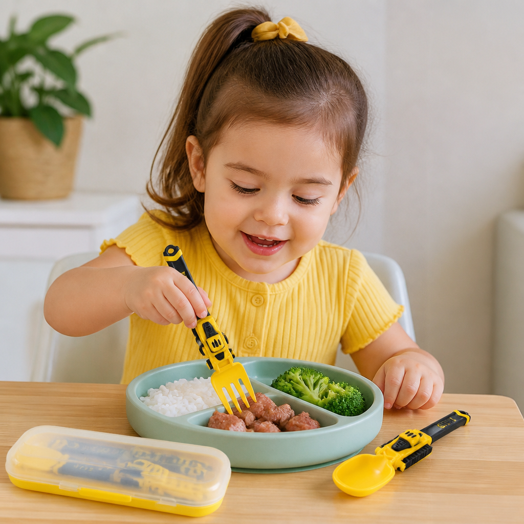 3-Piece Construction Vehicle Kids’ Utensil Set with Spoon, Fork & Travel Case