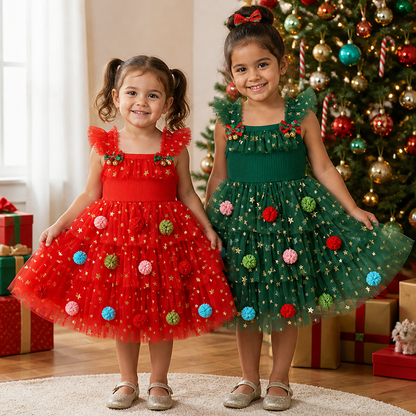 Girls’ Christmas Tutu Dress with Pom-Poms, Sequin Stars & Ruffled Sleeves
