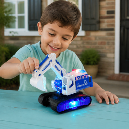 Transforming Police Robot Excavator Toy with Lights & Sounds