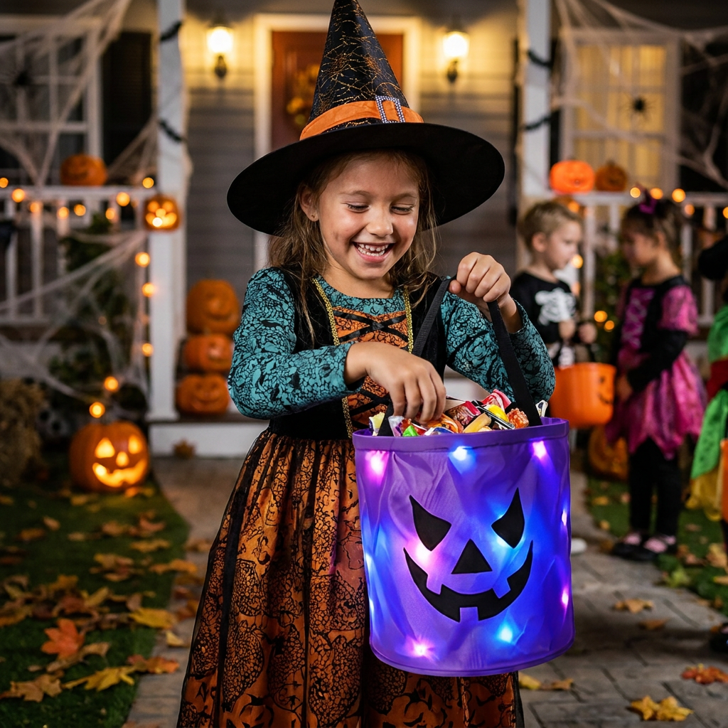 LED Halloween Trick-or-Treat Candy Bucket – Reusable Light-Up Tote Bag