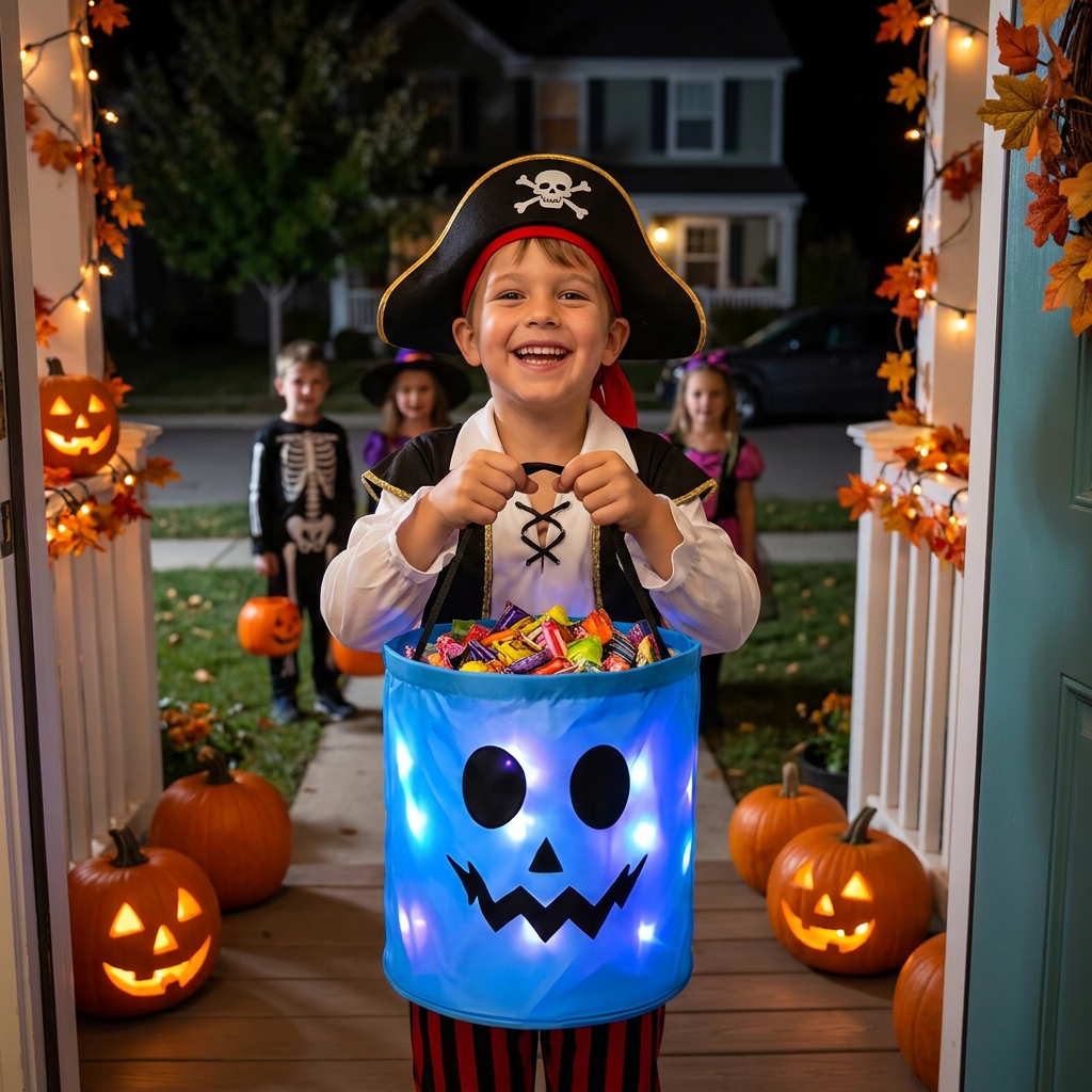 LED Halloween Trick-or-Treat Candy Bucket – Reusable Light-Up Tote Bag