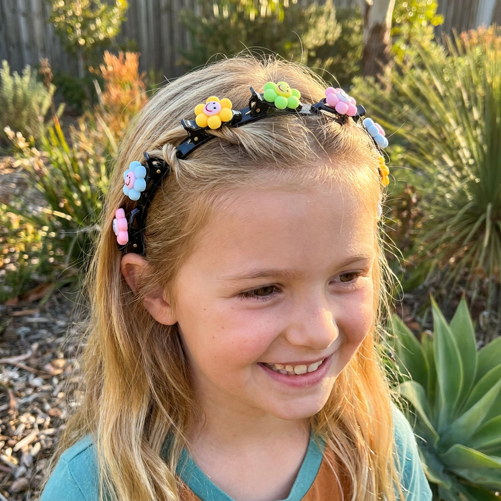 Cute Hair Clips & Bands for Girls with Flower, Strawberry & Rainbow Charms