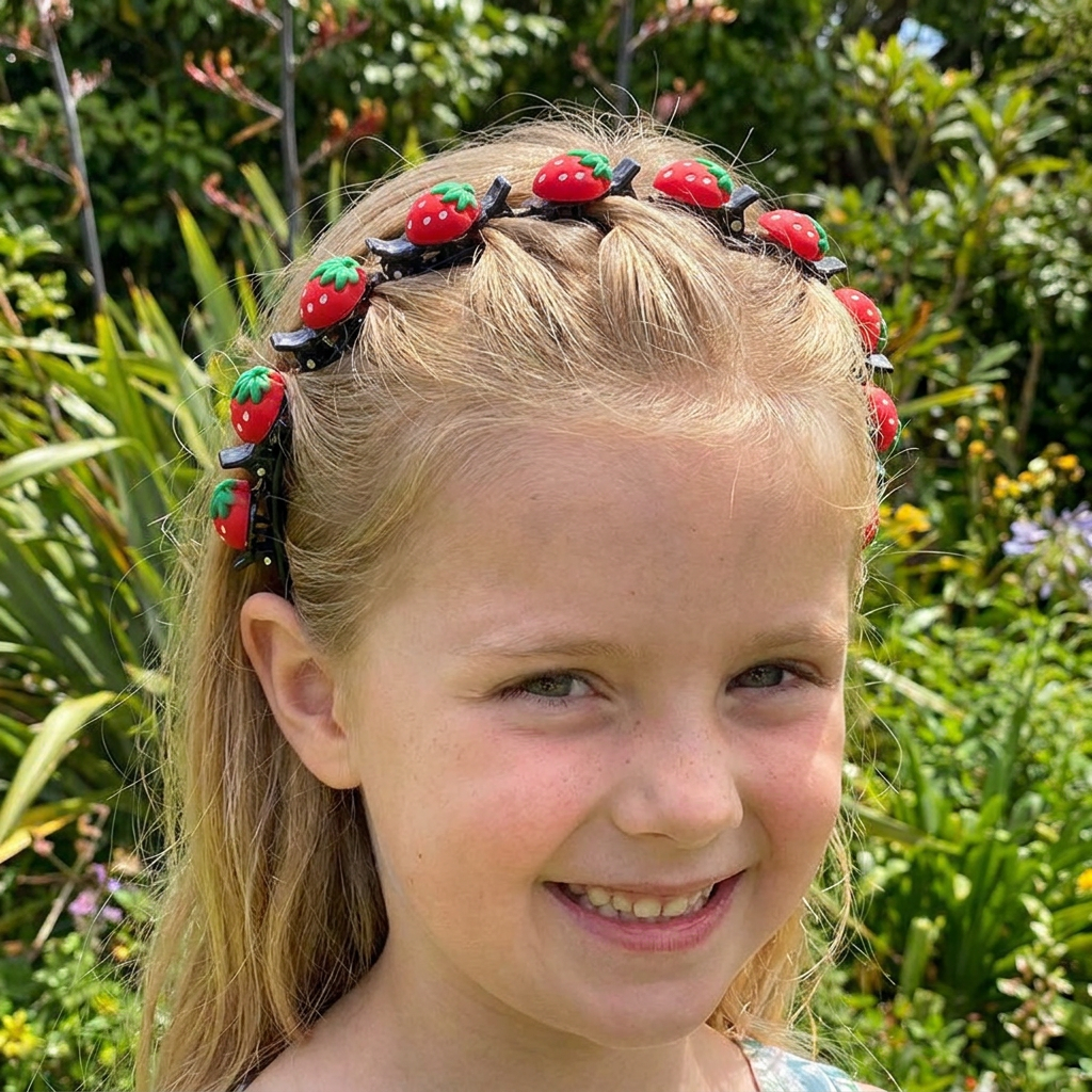 Cute Hair Clips & Bands for Girls with Flower, Strawberry & Rainbow Charms
